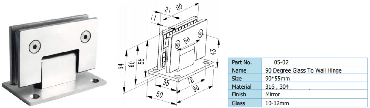  Bathroom fr<x>ameless Glass Shower Screen Stainless Steel Hinge 90 Degree Glass To Wall 