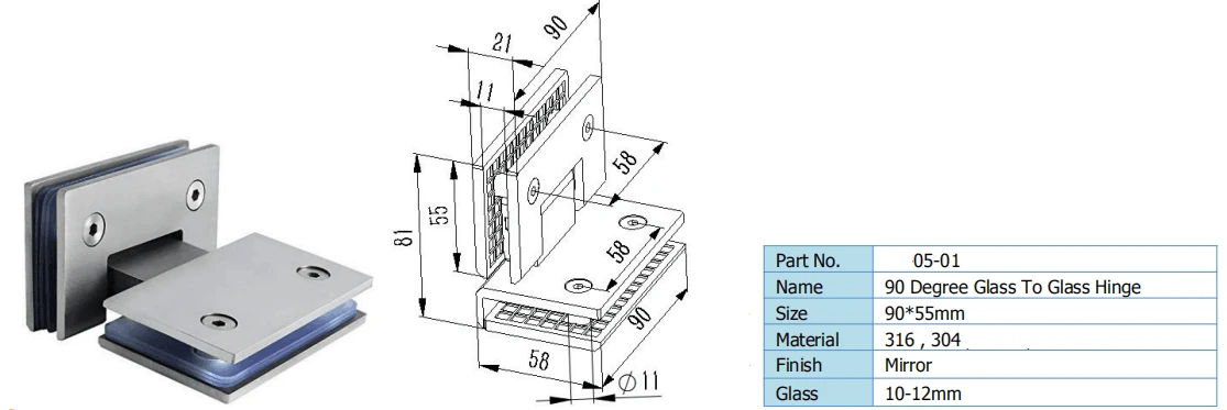 Stainless Steel 90 Degree Glass to Glass Shower Bathroom Door Hinge