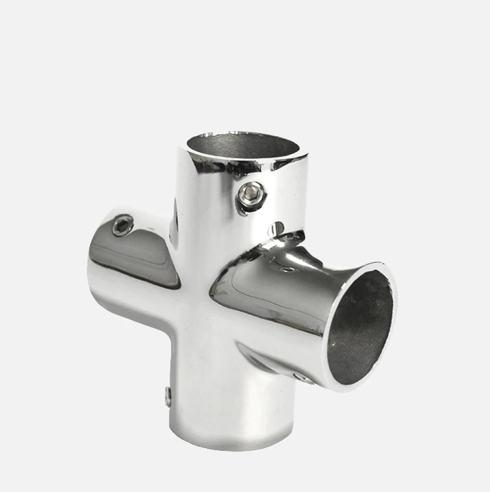 Polished Cross Through 4 Way with Grub Screws  Stainless Steel Boat Rail Fitting for 22mmTube 